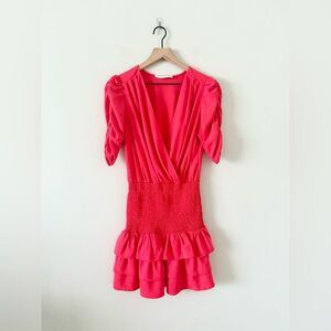 Amanda Uprichard Blouson Smocked Waist Ruffle Mini Dress in Red - Size S